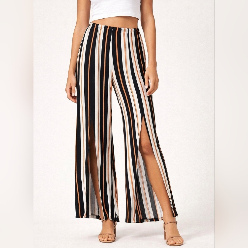Forever 21 Women's Wide Leg Stripped Pants With Open Slit In The Front, Size L